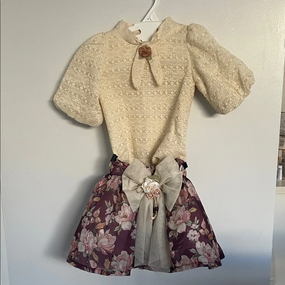 Baby girl 12 months Cream Lace Top with Floral Skirt